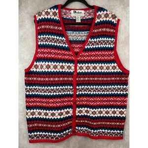 VTG Kobe Sweater Vest Women 2X Red White Blue Fair Isle Knit Button Front VNeck